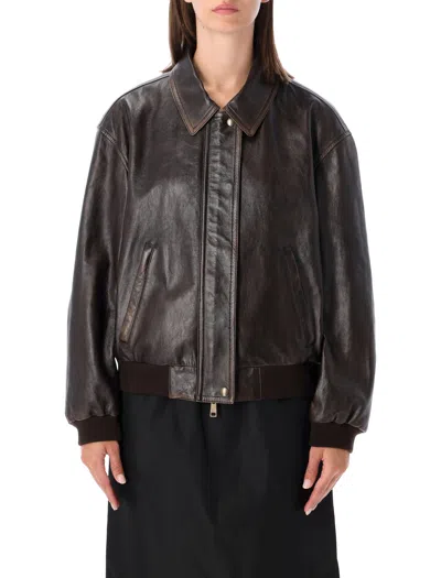 Prada Lambskin Leather Bomber Jacket With Shirt Collar And Embossed Logo In Marrone