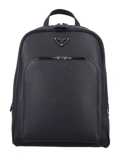 Prada Leather Backpack With Front Zip Pocket In Nero