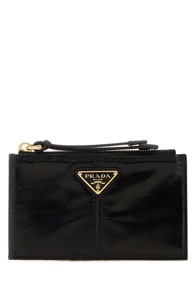 Prada Leather Card Holder With Zipper In Black