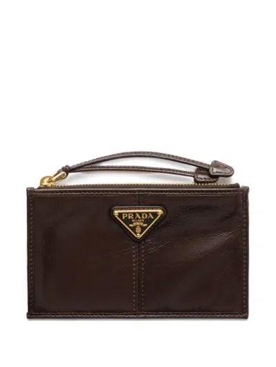 Prada Leather Card Holder With Zipper In Brown