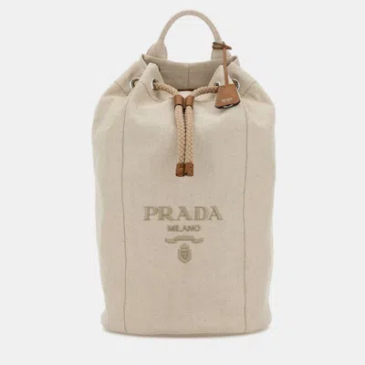 Pre-owned Prada Linen Blend Drawstring Naturale Cotton Linen Backpack In Beige
