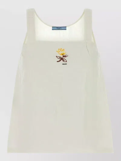 Prada Linen Top Adjustable Straps Square Neckline In White