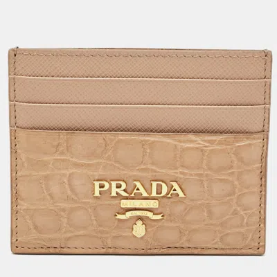 Pre-owned Prada Logo Beige Leather And Crocodile Card Holder In Sand