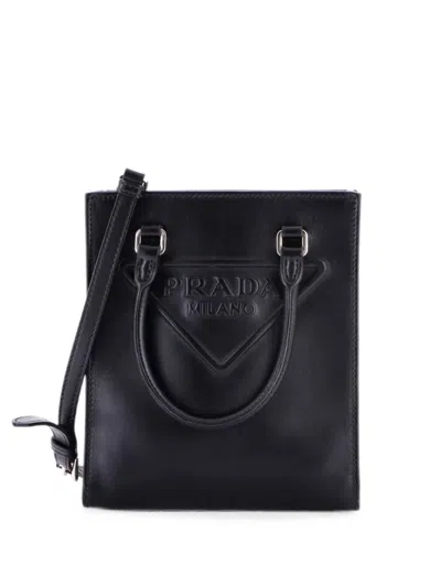 Pre-owned Prada Logo Drill Tote Leather Mini Crossbody Bag In Black