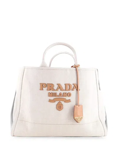 Pre-owned Prada Logo Linen Blend Large Tote Bag In Brown