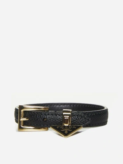 Prada Logo-plaque Leather Bracelet In Black