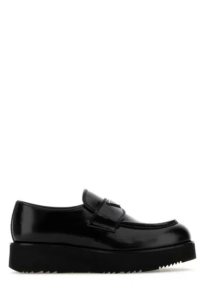 Prada Men's Leather Loafers With Rubber Sole In Black