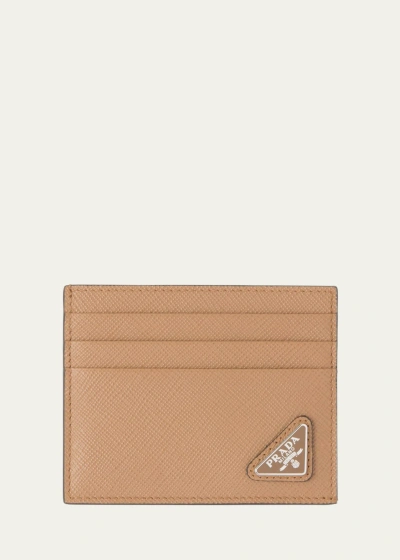 Prada Men's Saffiano Leather Logo Card Case In F03oe Caramel X