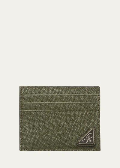 Prada Men's Saffiano Leather Logo Card Case In F0466 Loden