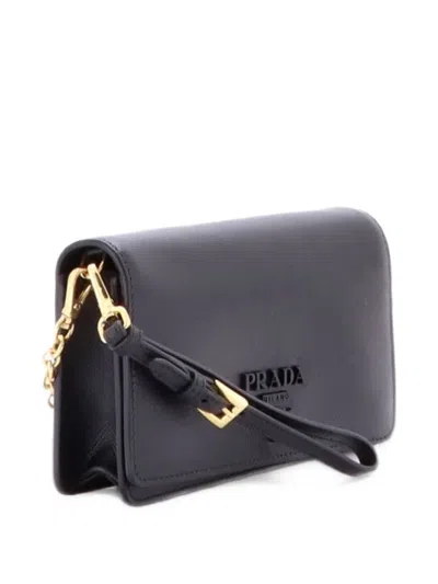 Pre-owned Prada Monochrome Wristlet Wallet On Chain Saffiano Leather Mini Clutch Bag In Black