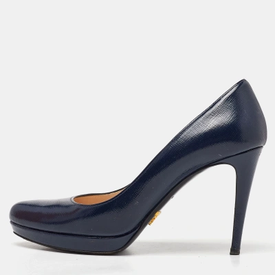 Pre-owned Prada Navy Blue Saffiano Leather Platform Pumps Size 38