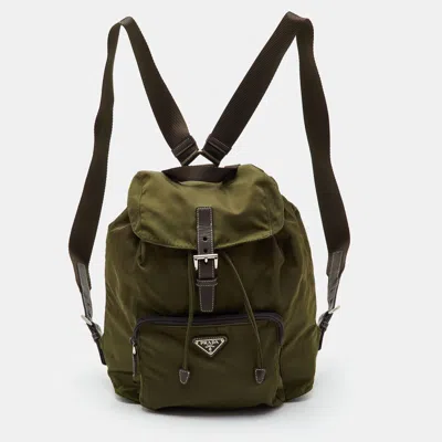 Pre-owned Prada Olive Green Vela Nylon And Leather Backpack