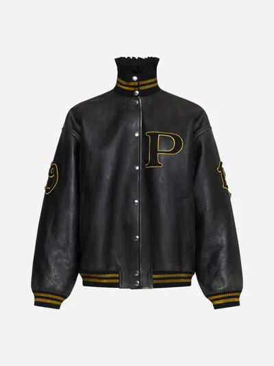 Prada Patch Leather Bomber Jacket In Black