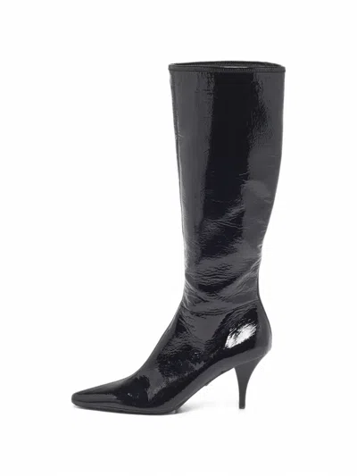 Pre-owned Prada Pointed Toe Knee-length Boots In Black