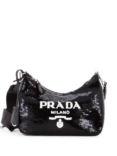 Pre-owned Prada Re-edition 2005 Shoulder Bag Crystal Embellished Satin Small Crossbody Bag In Black