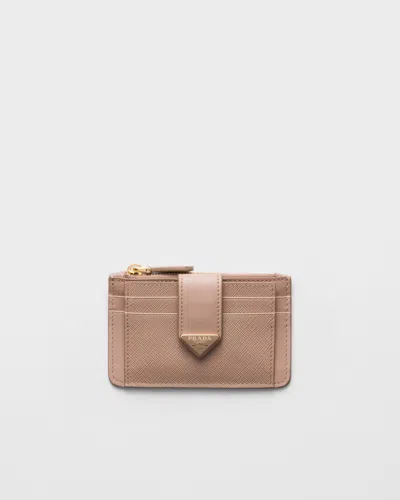 Prada Saffiano And Smooth Leather Card Holder In Powder Pink