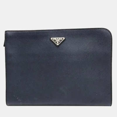 Pre-owned Prada Navy Leather Saffiano Clutch Bag (2vn003) In Navy Blue