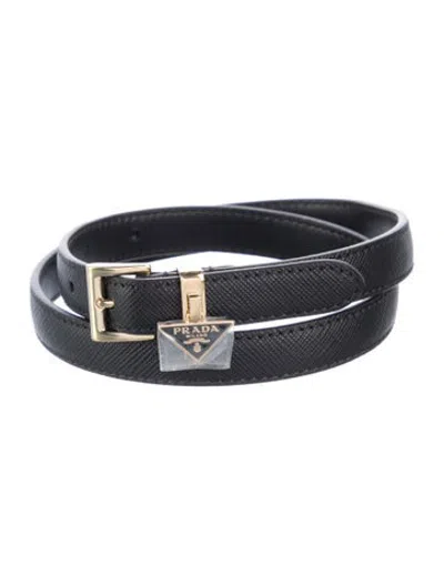 Pre-owned Prada Saffiano Cuir Leather Triangle Charm Belt In Black