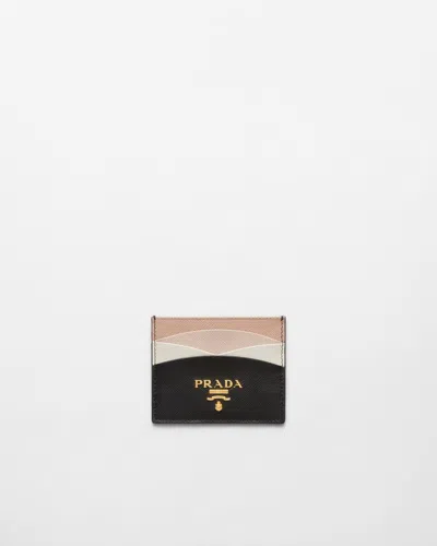 Prada Saffiano Leather Card Holder In Black/pale Pink