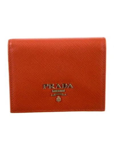 Pre-owned Prada Saffiano Lux Leather Compact Wallet In Orange