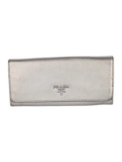 Pre-owned Prada Saffiano Lux Leather Continental Wallet In Metallic/silver