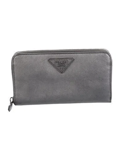 Pre-owned Prada Saffiano Lux Leather Continental Wallet In Silver