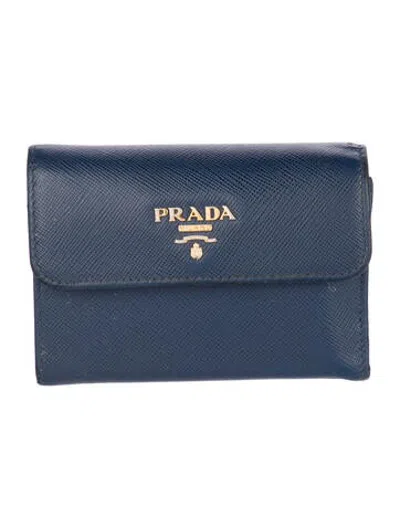 Pre-owned Prada Saffiano Metal Leather Compact Wallet In Blue