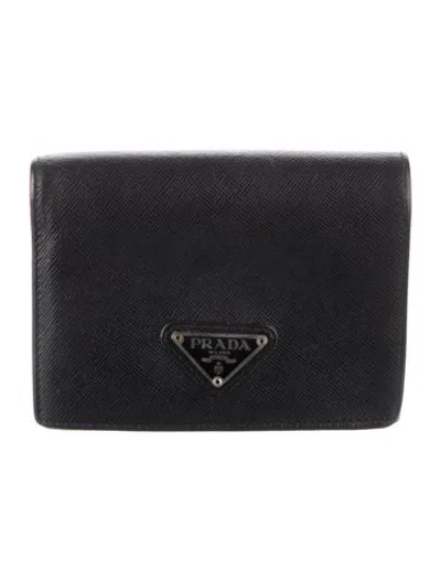 Pre-owned Prada Saffiano Triangle Leather Bifold Wallet In Black
