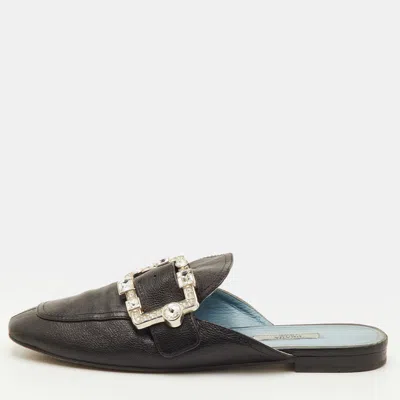 Pre-owned Prada Size 40 Black Leather Crystal Embellished Buckle Detail Flat Mules