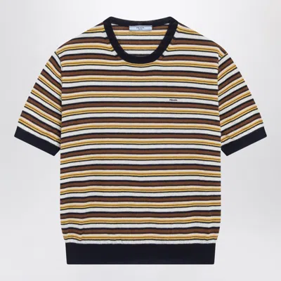 Prada Striped Cashmere Crewneck Sweater In Blue