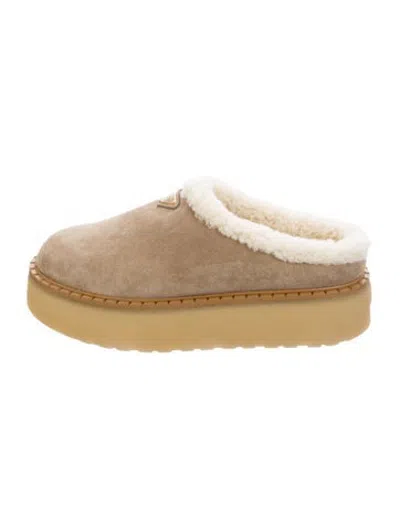 Pre-owned Prada Suede Fur Trim Mules In Neutrals