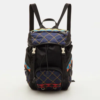 Pre-owned Prada Tessuto Navy Blue/black Quilted Fabric And Leather Backpack