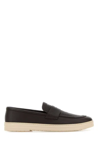 Prada Textured Leather Loafers In Brown