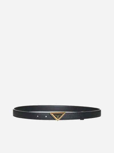 Prada Triangle Buckle Leather Belt In Black