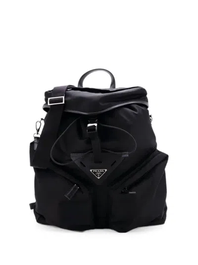 Pre-owned Prada Triangle Convertible Re-nylon With Leather Backpack In Black
