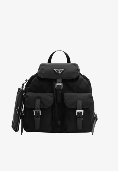 Prada Triangle Logo Re-nylon And Saffiano Backpack In Black