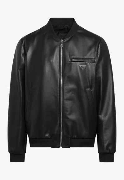 Prada Triangle Logo Zip-up Leather Bomber Jacket In Black