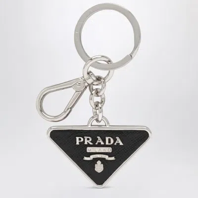 Prada Two-tone Leather And Metal Keychain In Black