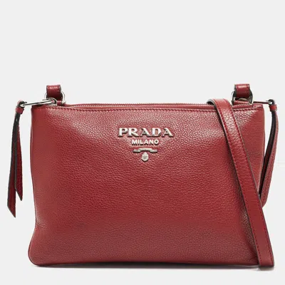 Prada Vitello Phenix Leather Double Zip Crossbody Bag In Red