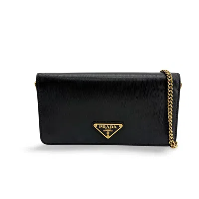 Pre-owned Prada Wallet On Chain Saffiano Leather Black Leather Crossbody Bag Bag ()