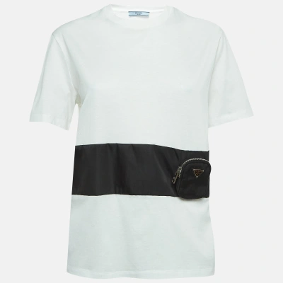 Pre-owned Prada White Cotton Knit Re-nylon Pouch Docking T-shirt L