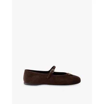 Prada Womens  Triangle-logo Suede Ballerina Flats In Brown