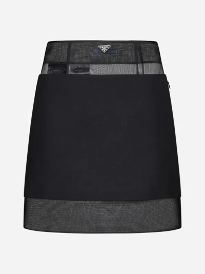 Prada Wool And Mesh Miniskirt In Black