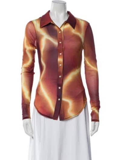 Pre-owned Priscavera Printed Long Sleeve Button-up Top W/ Tags In Orange