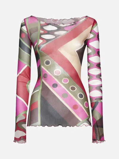 Pucci Very Vivara Print Nylon Top In Khaki,fuchsia