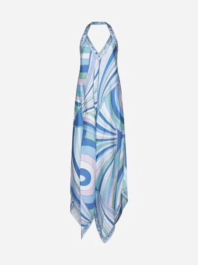 Pucci Very Vivara Print Silk Long Dress In Sky Blue,white