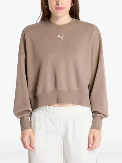 Puma Logo-embroidered Cropped Sweater In Brown