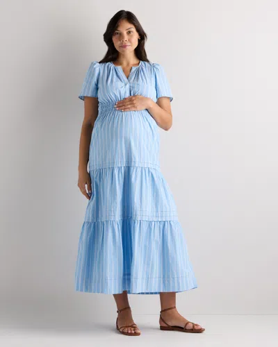 Quince Women's Poplin Maternity Tiered Maxi Dress In Delta Blue Double Stripe