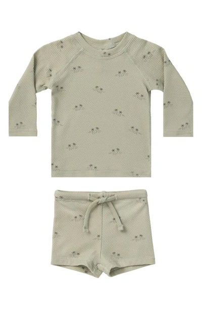 Quincy Mae Babies' Finn Pique Two-piece Rashguard Swimsuit In Sage-palm-trees