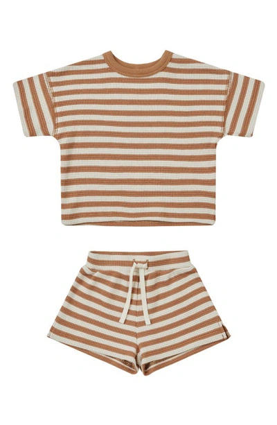Quincy Mae Babies'  Stripe Organic Cotton Waffle T-shirt & Shorts Set In Clay-stripe